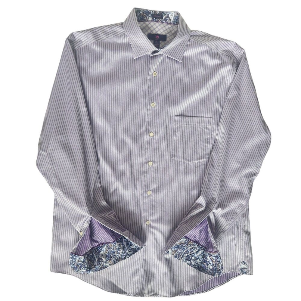 Egara Mens Dress Shirt XL 17.5 Purple Stripe Paisley Cuffs 100% Cotton Non-Iron